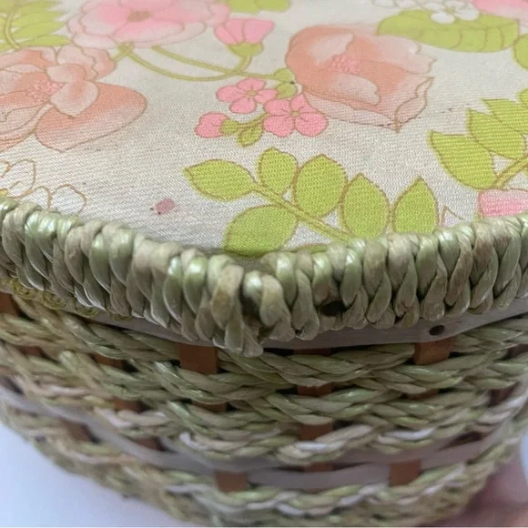 Vintage Dritz Scovill floral sewing oval basket container green pink tan - Picture 7 of 13